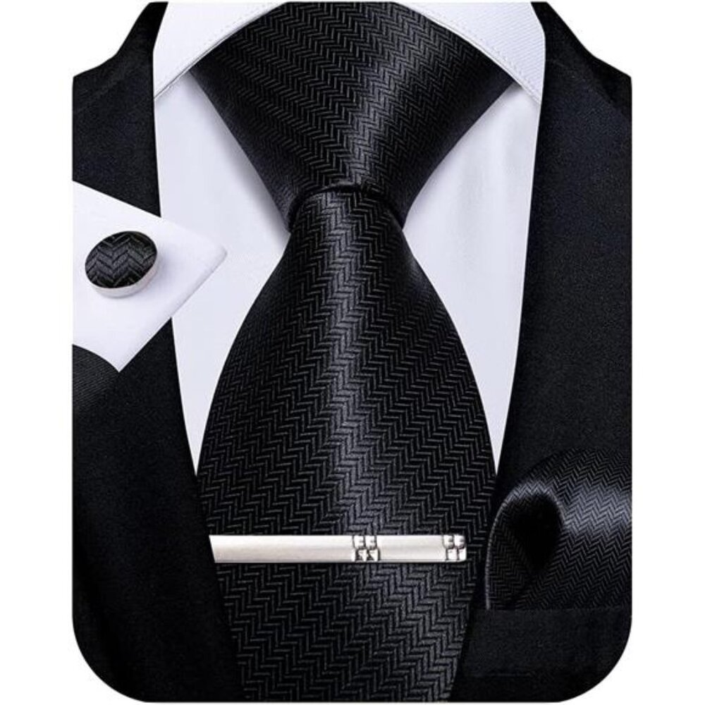 Mens Silk Necktie Solid Color Tie and Pocket Square Cufflink Tie Clip Set Woven